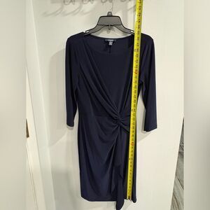 Chaps Navy Blue Drape Front Dress, With 3/4 Sleeve.